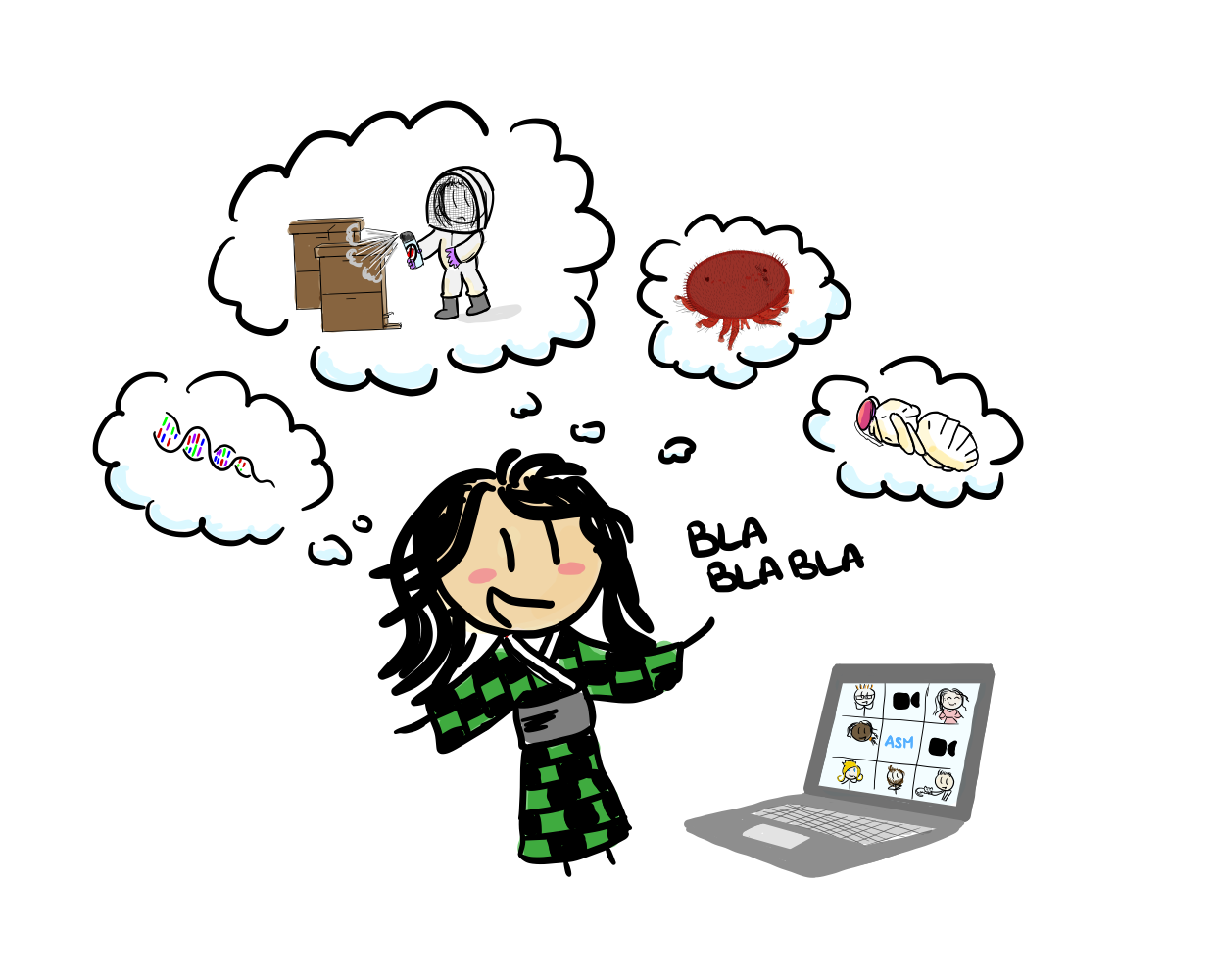 Hand-drawn illustration of Maéva Techer discussing bee, mite, molecular, and laboratory research during an online scientific conversation.